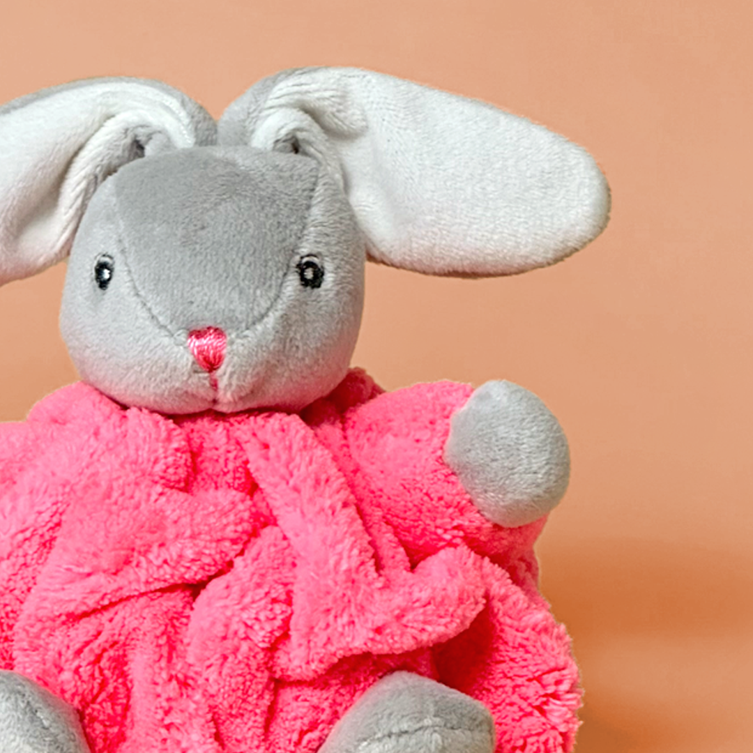 Gray Bunny Plush Comforter with Bright Pink Blanket