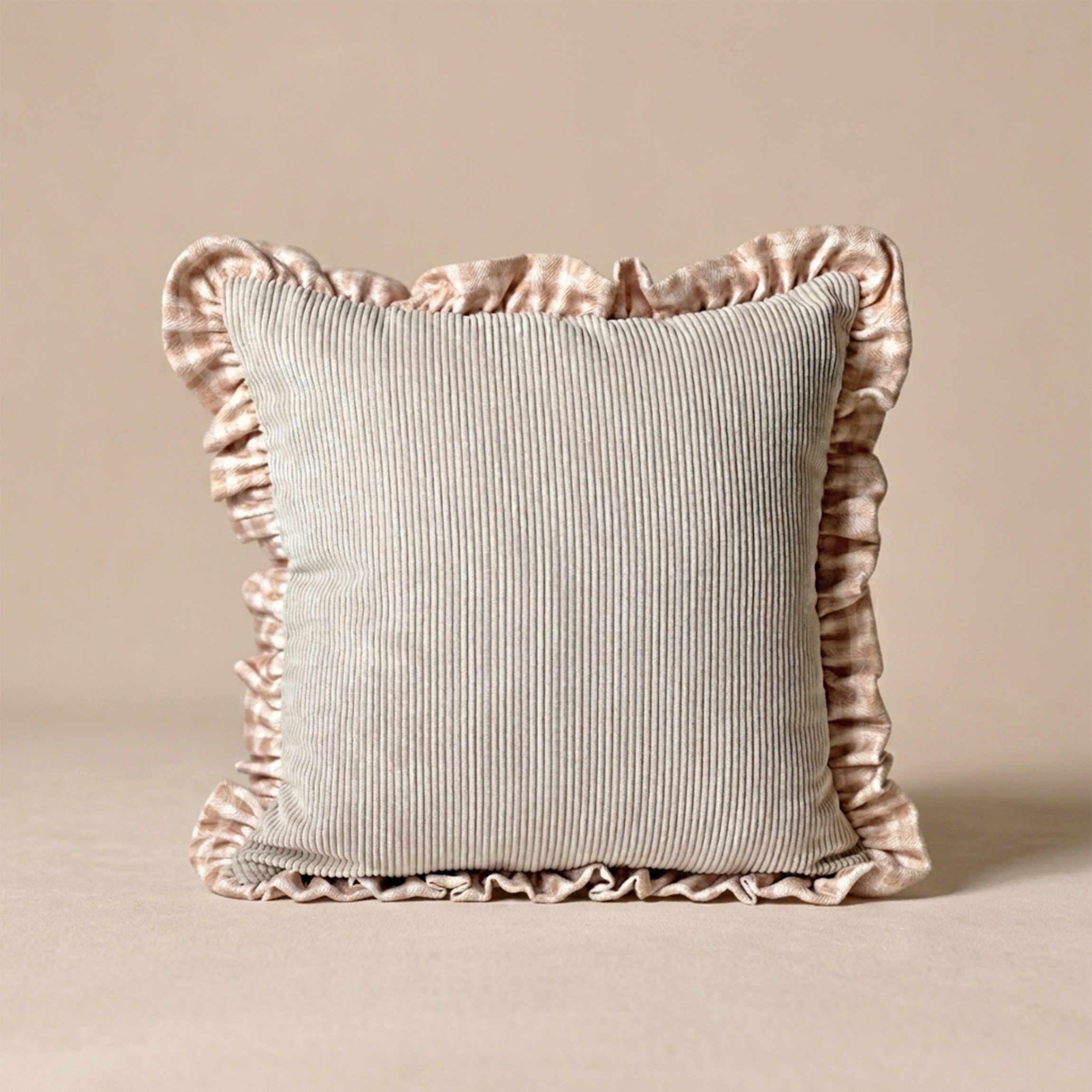 Soft Beige Ribbed Frill Cushion
