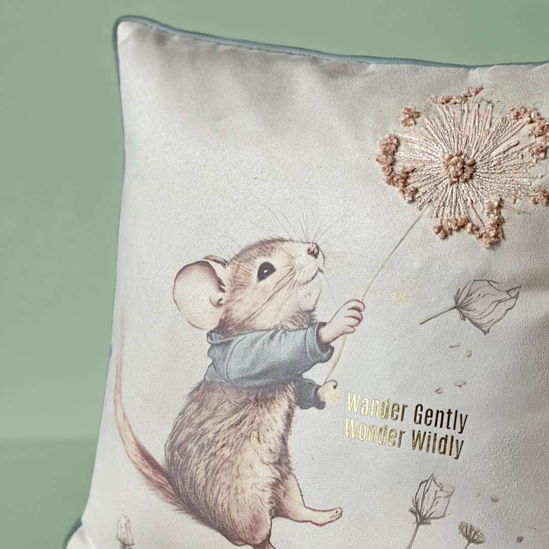 Whimsical Mouse Dandelion Cushion
