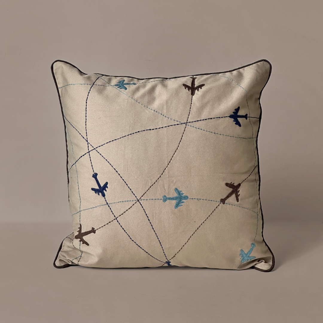 Sky Trails Airplane Embroidered Cushion