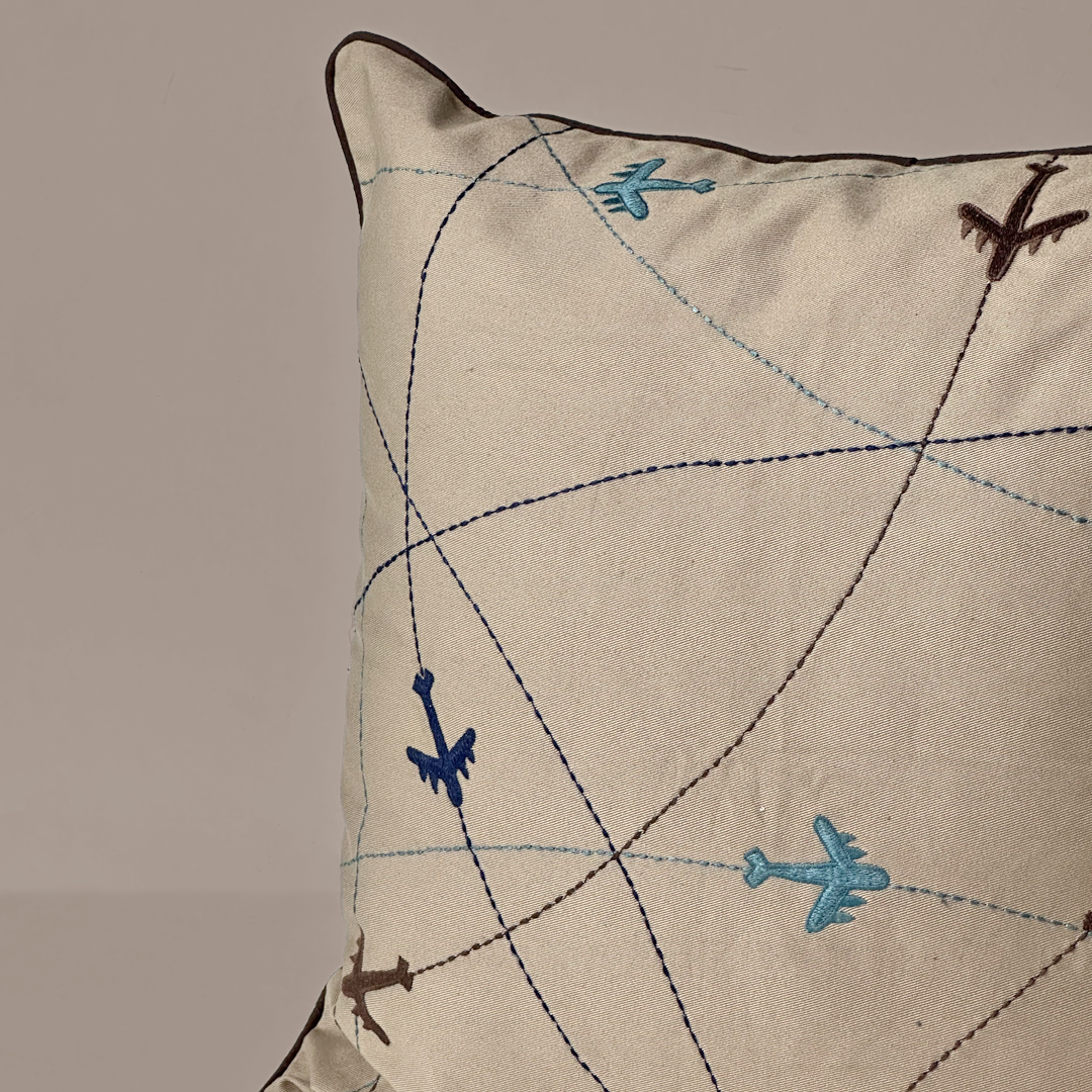 Sky Trails Airplane Embroidered Cushion