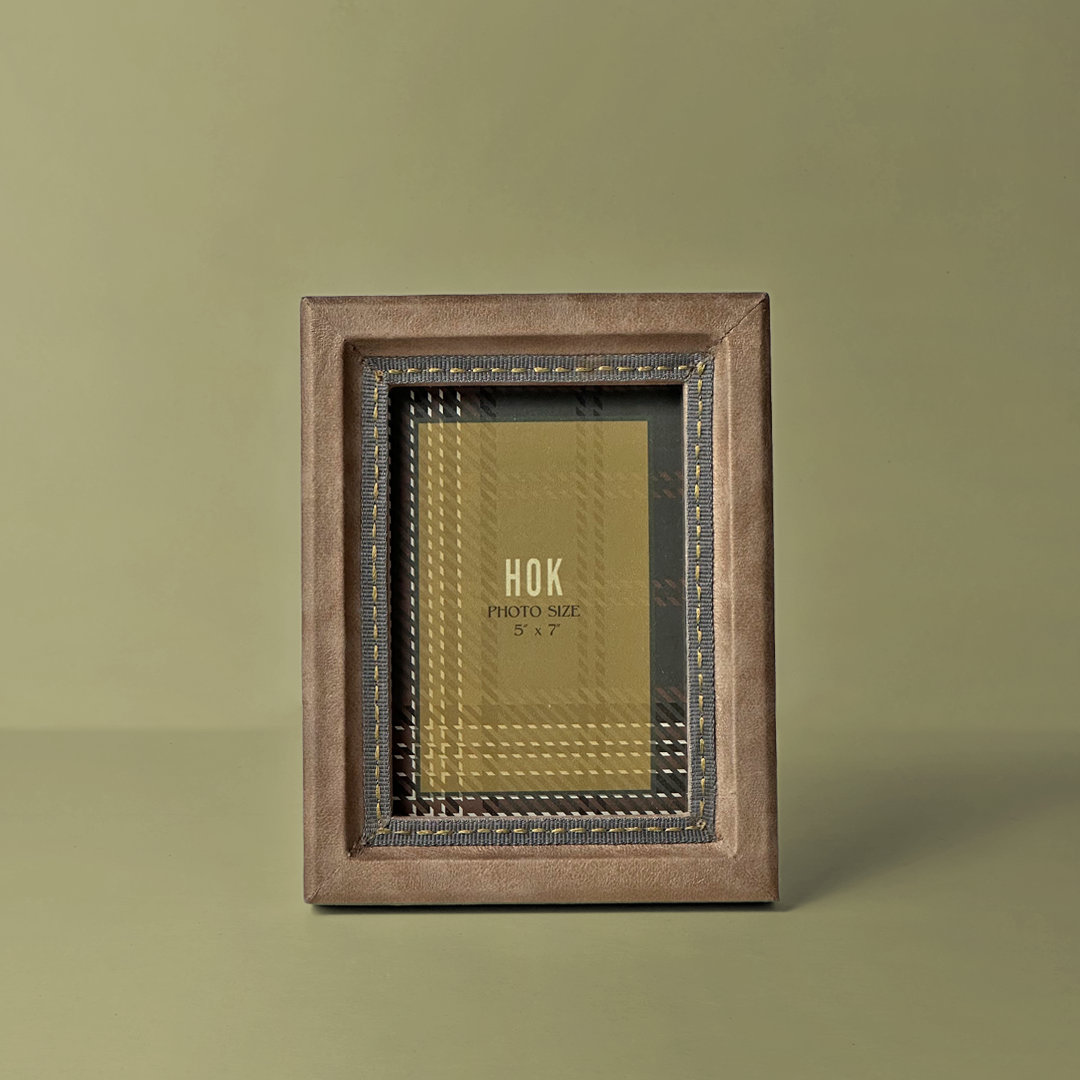 Earthy Brown Faux Leather Photo Frame with Olive Plaid Inlay
