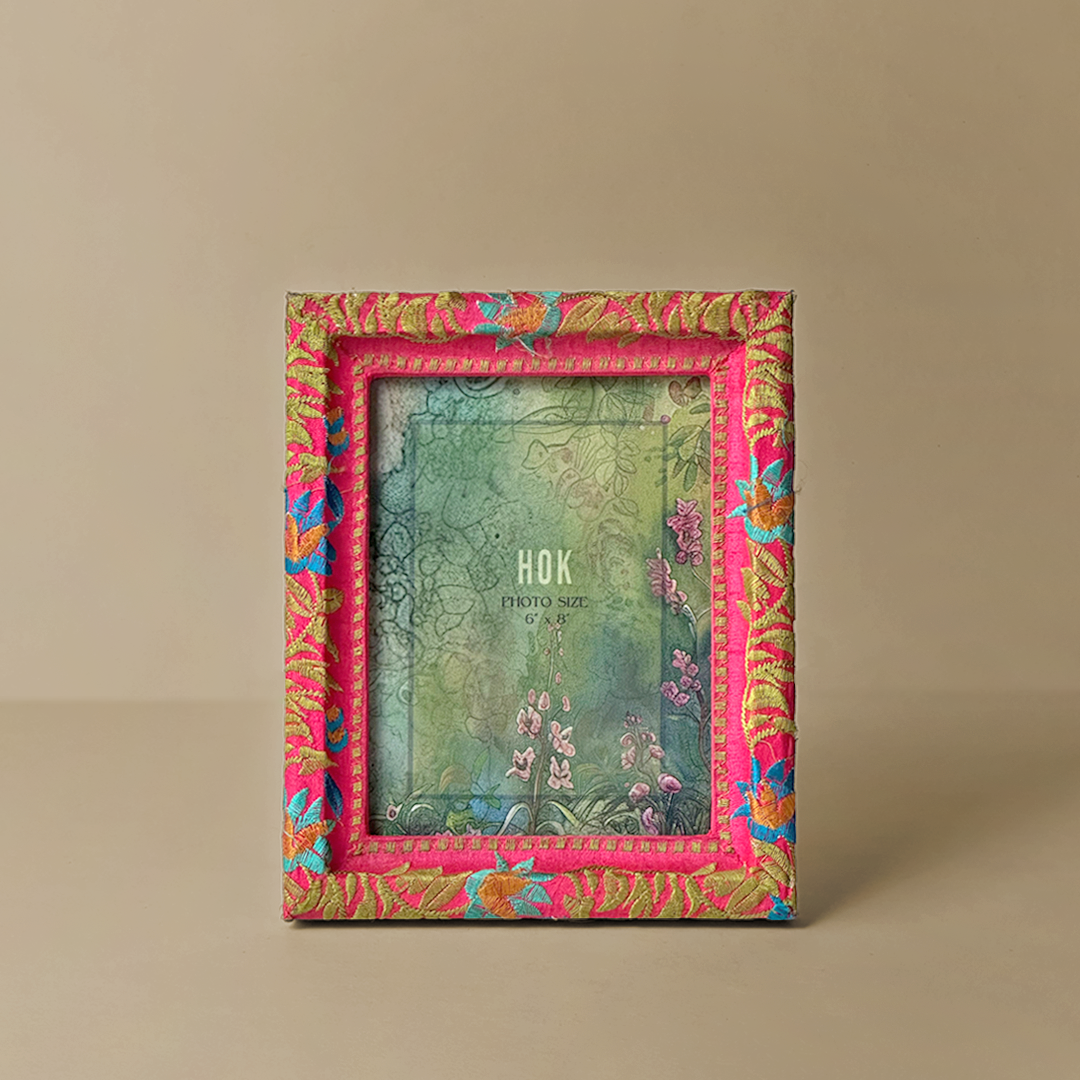 Handcrafted Pink Floral Embroidered Photo Frame