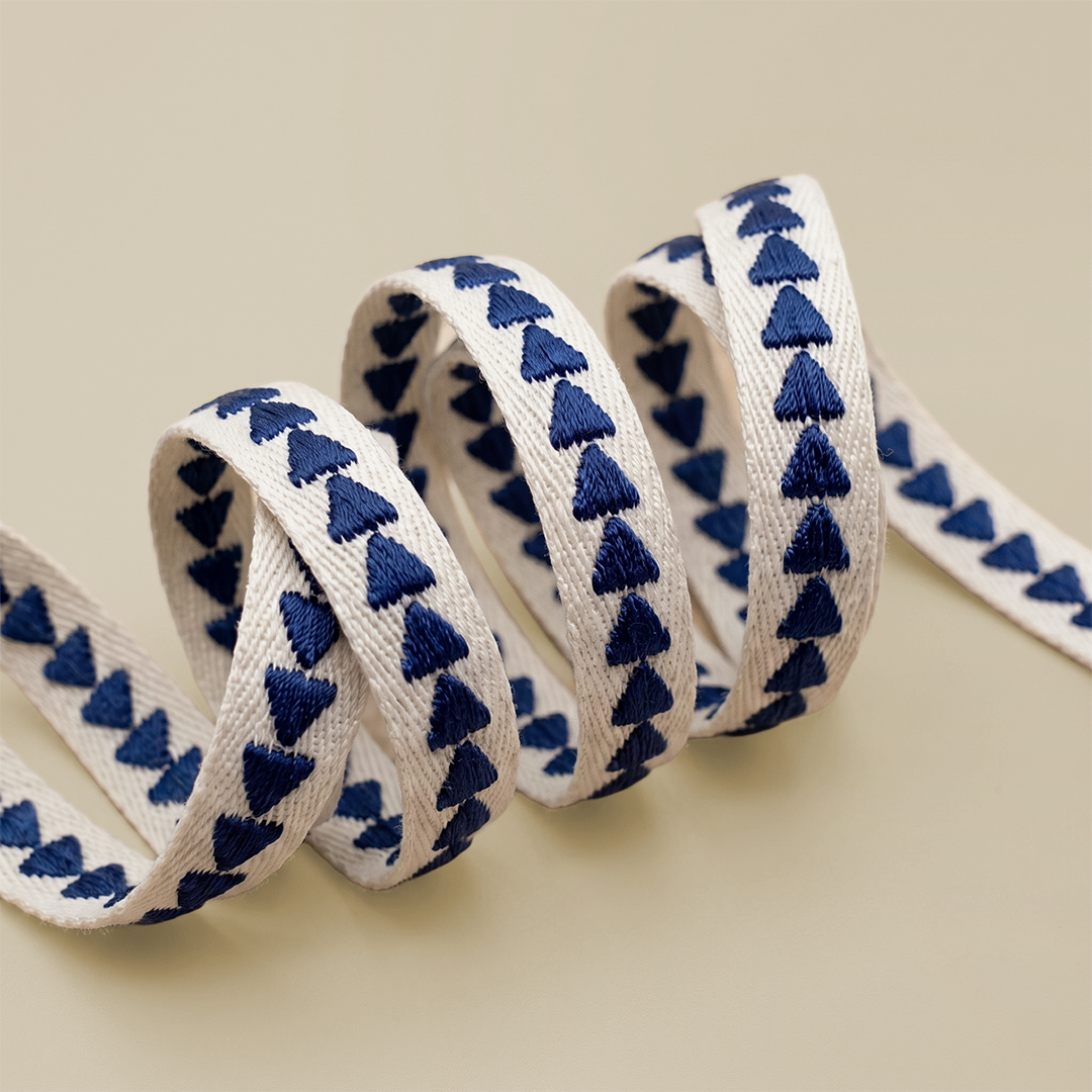 Navy Triangle Embroidered Cotton Ribbon Trim