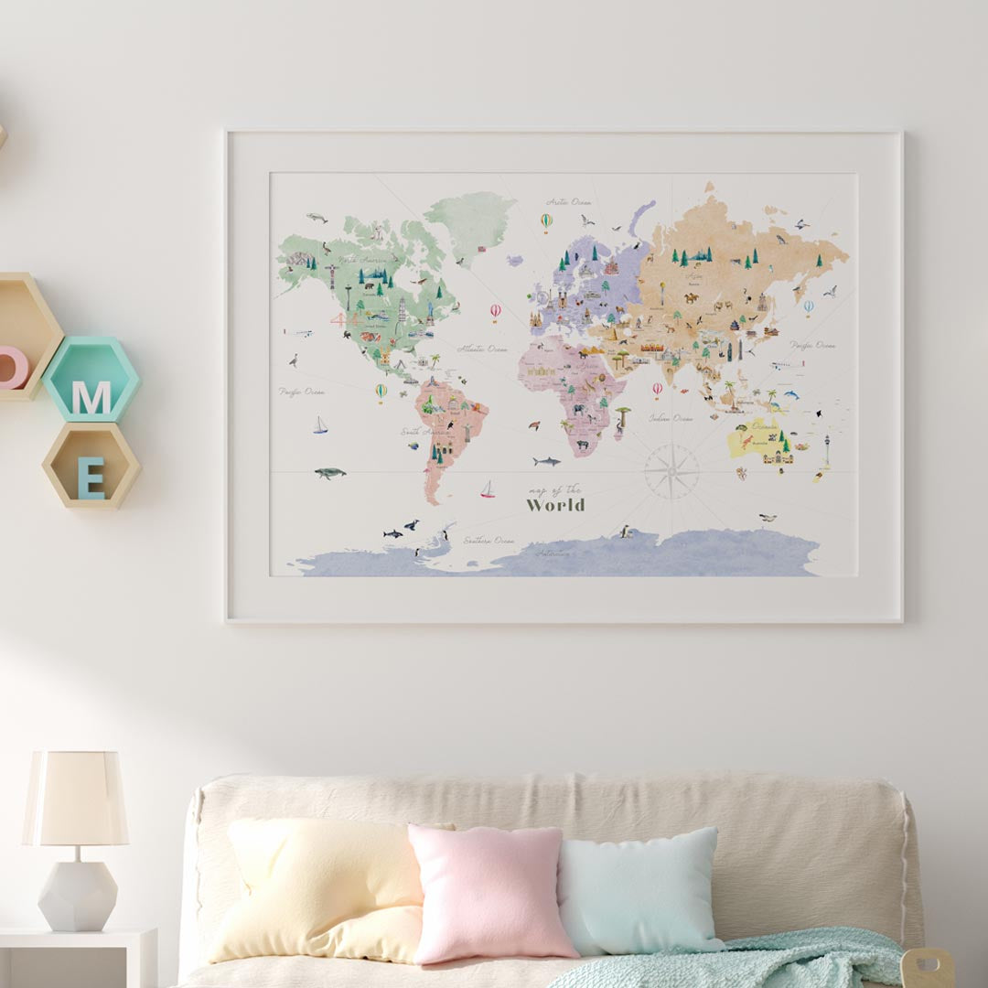 wall art world map print kids children decor