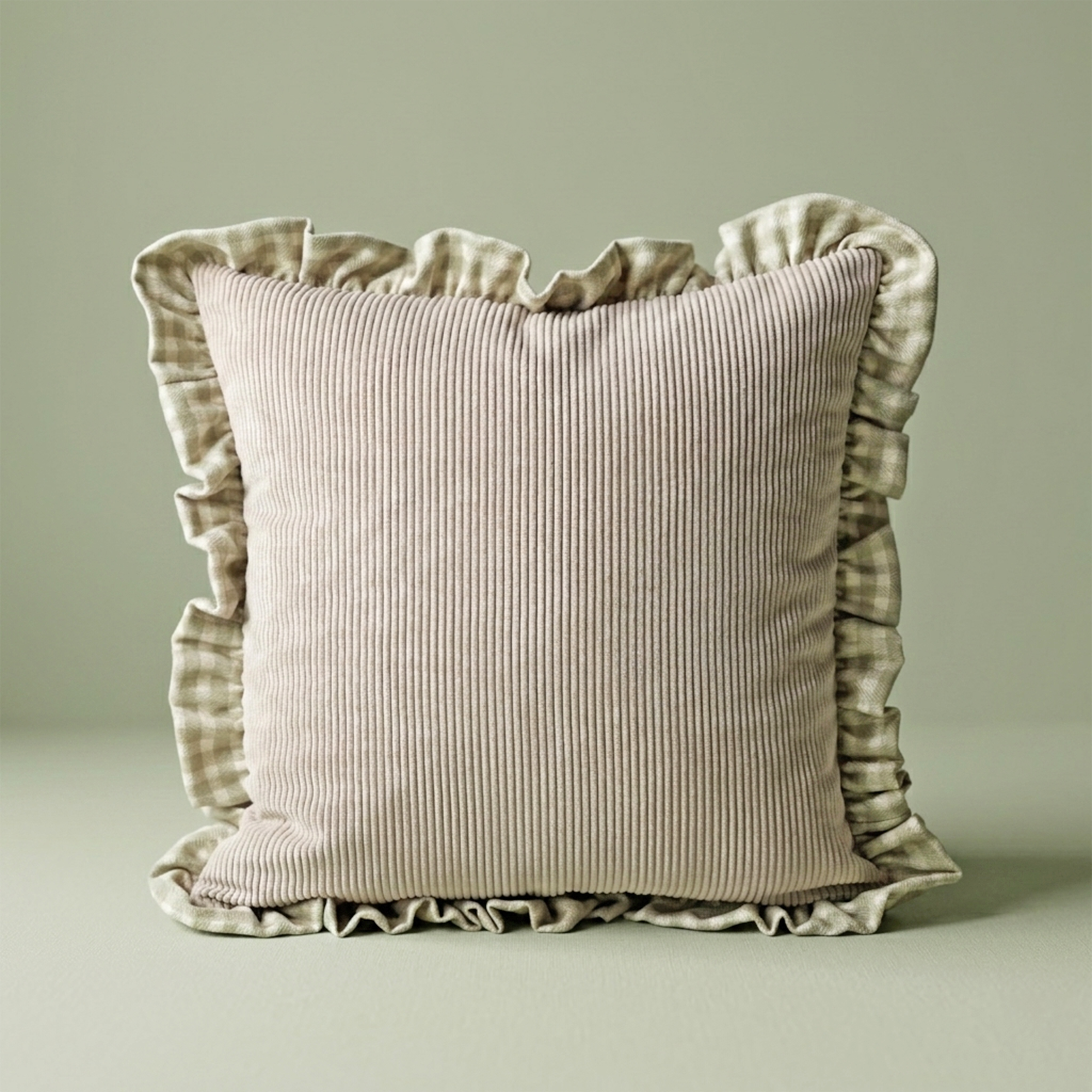 Soft Sage Ribbed Frill Cushion