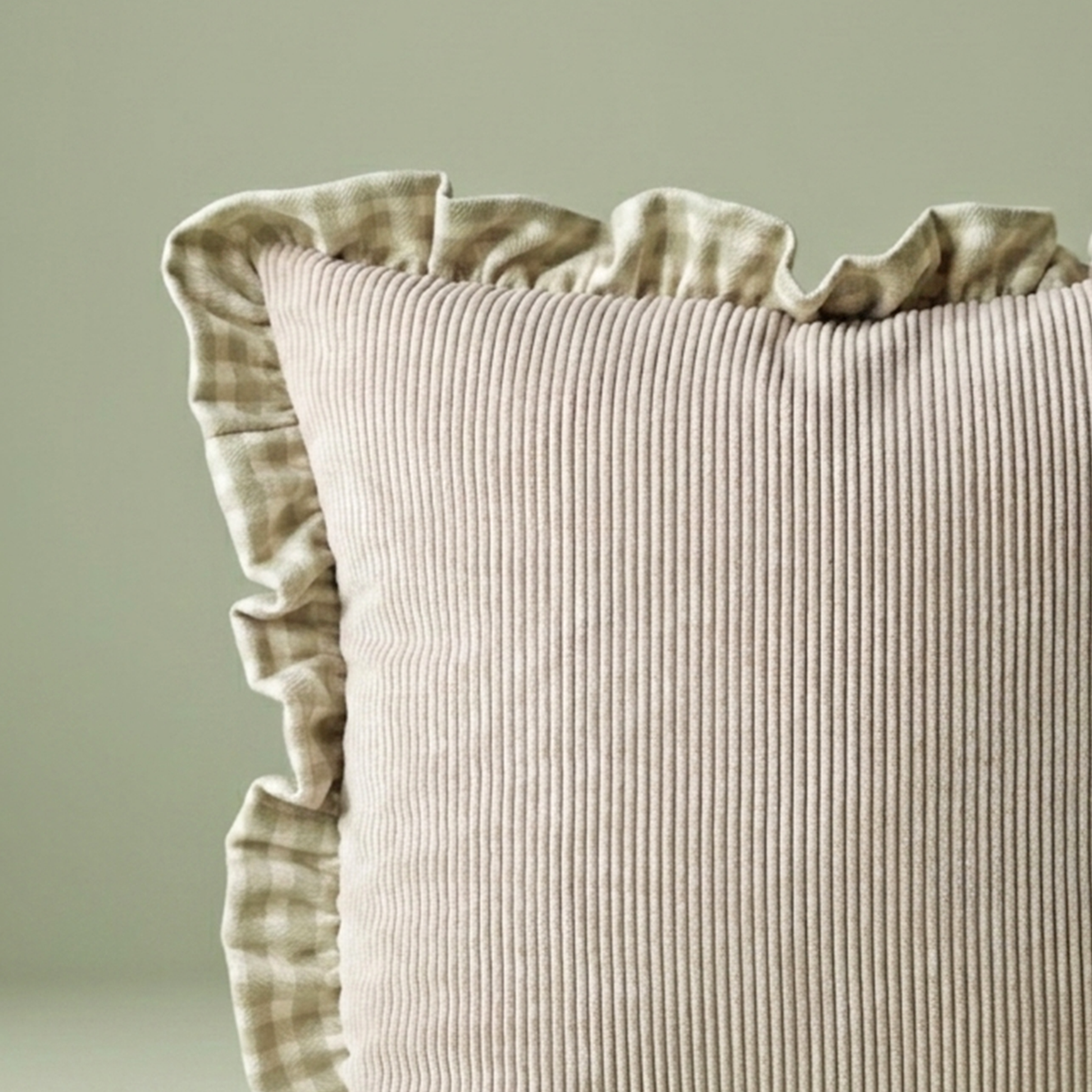 Soft Sage Ribbed Frill Cushion