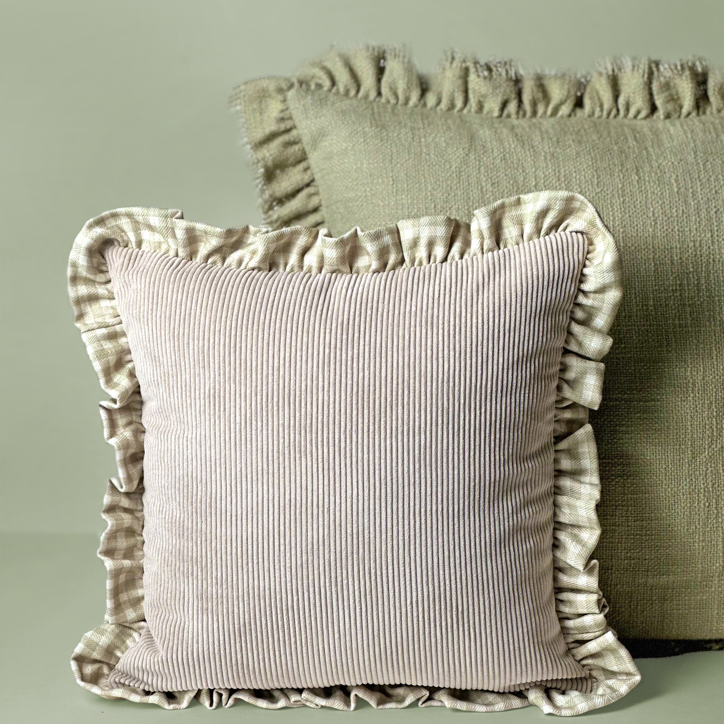 Soft Sage Ribbed Frill Cushion