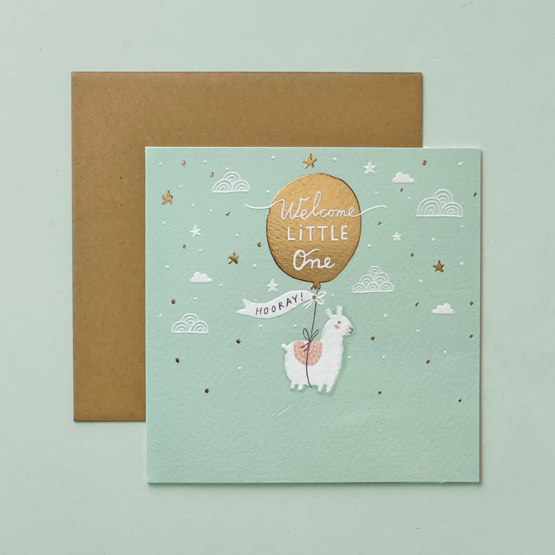 Welcome Little One – Llama Balloon Greeting Card