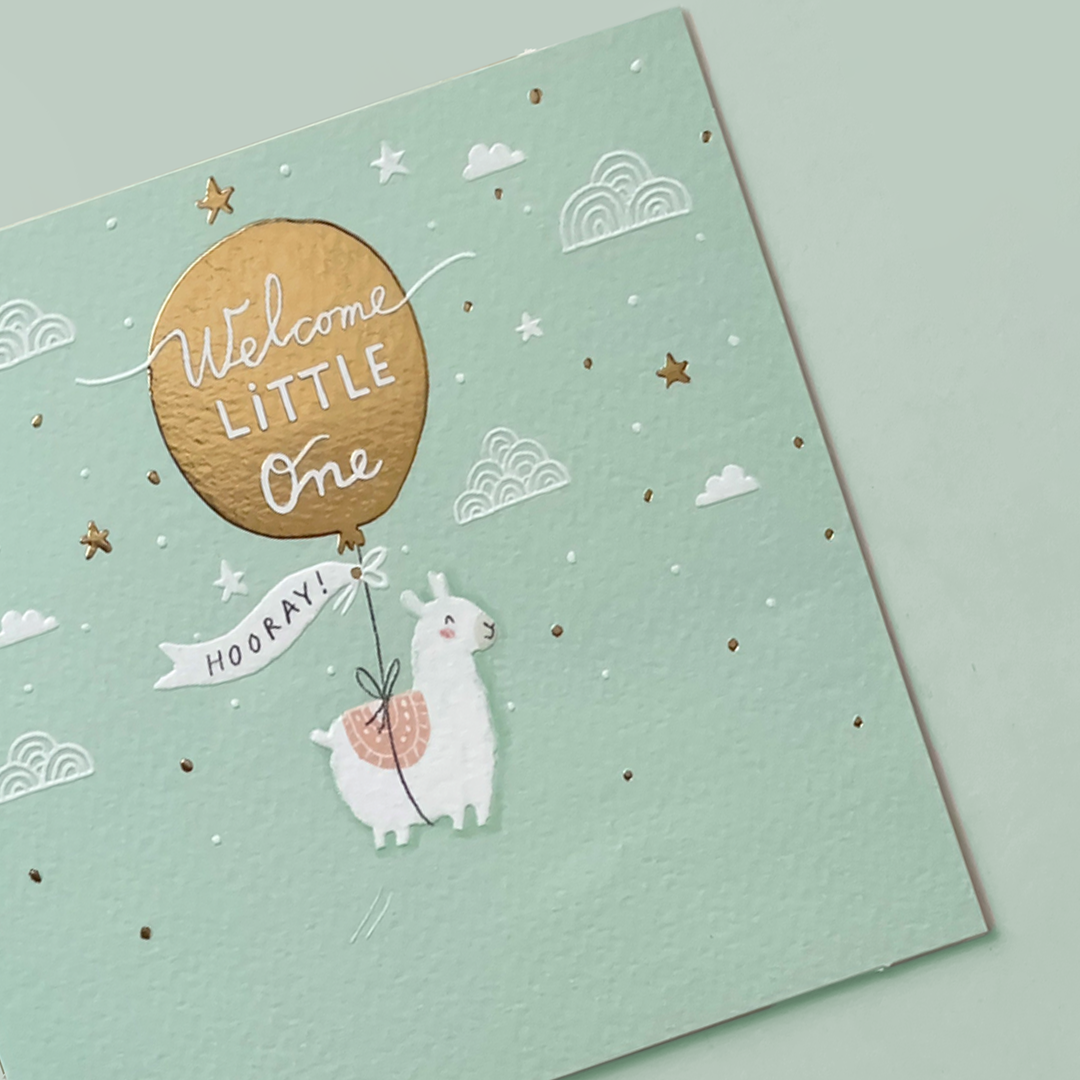 Welcome Little One – Llama Balloon Greeting Card