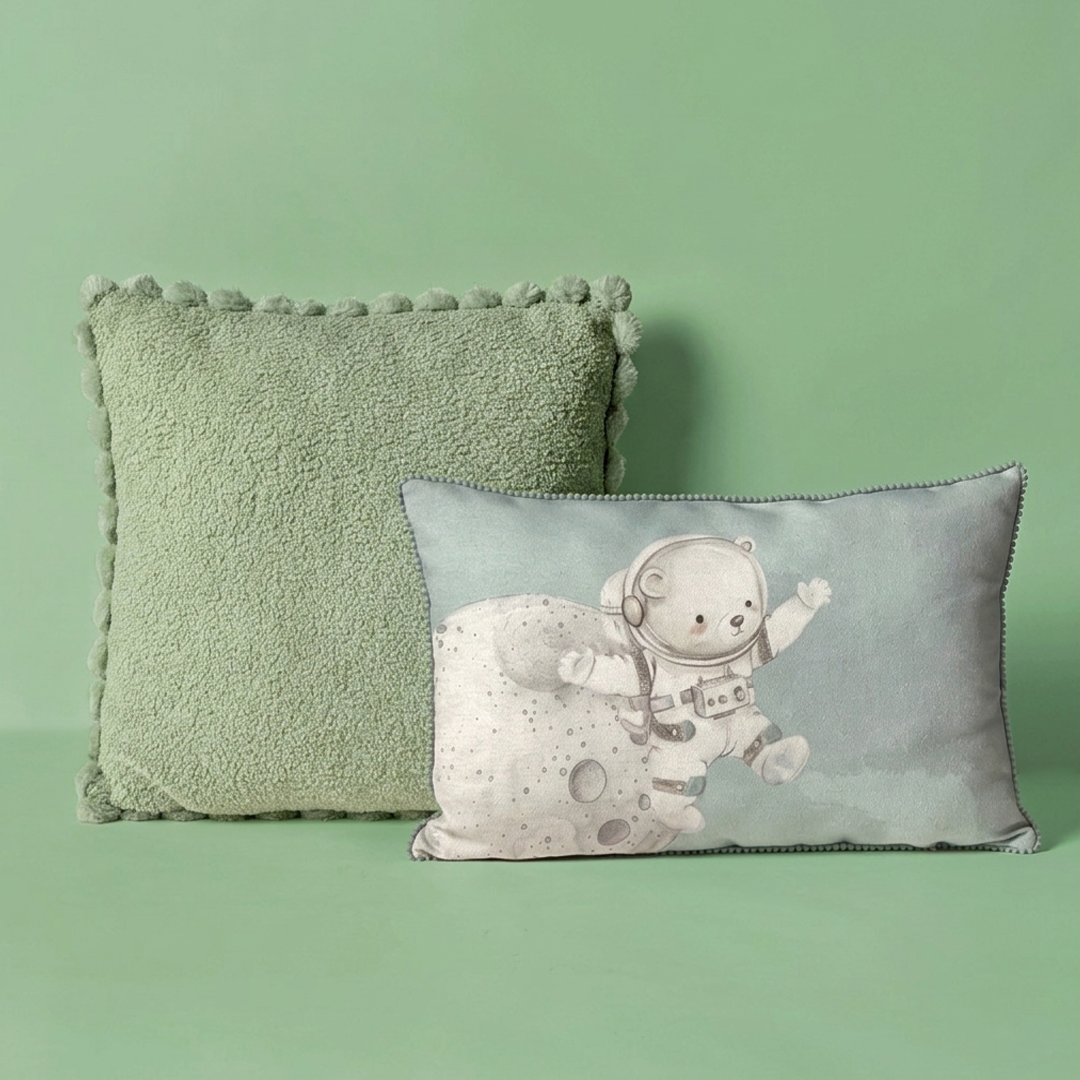 Sage Green Pom-Pom Plush Cushion